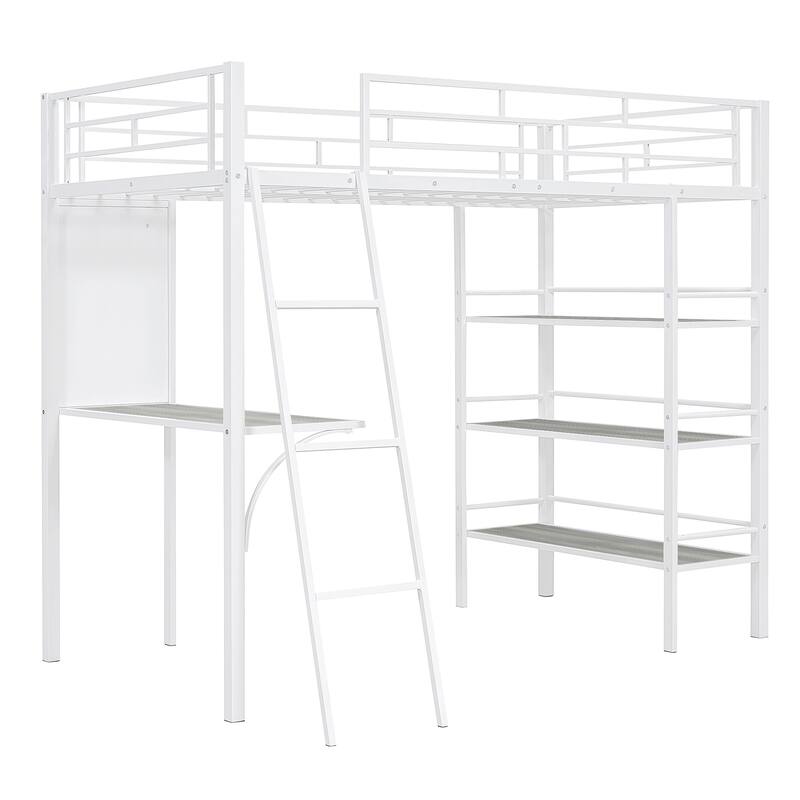 Stylish Loft Metal Bed with 3-Layer Shelves, Built-in Desk & Whiteboard - Modern Frame Design