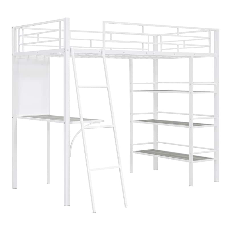 Twin Loft Bed with Shelves, Desk, and Whiteboard, a Stylish and Functional Bedroom Centerpiece