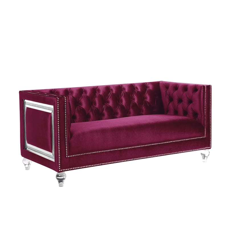 HomeRoots 67" Burgundy And Silver Velvet Loveseat and Toss Pillows