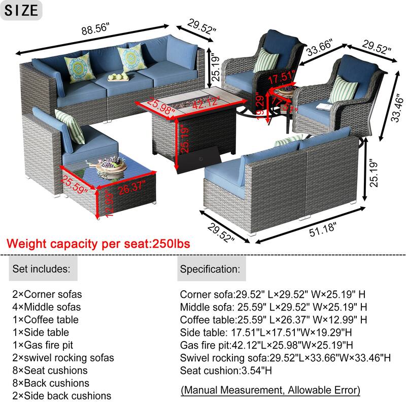 OVIOS 11-Piece Low-profile Swivel Chair Fire Table Outdoor Patio Furniture Set