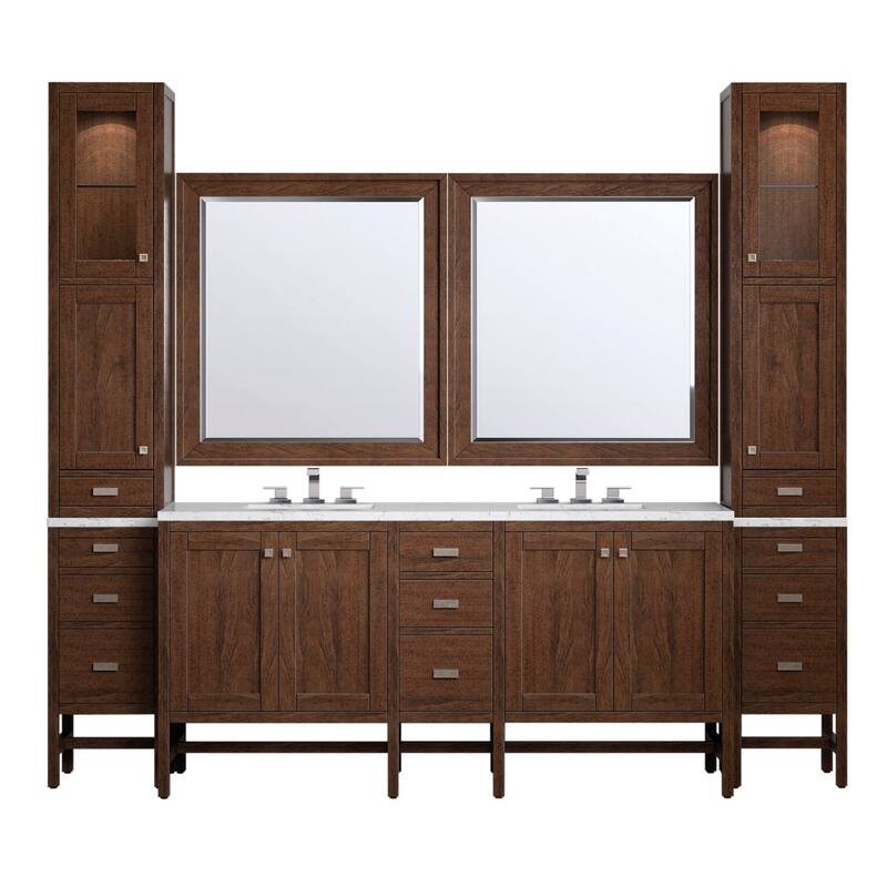 James Martin Addison 102" Double Sink Bathroom Vanity Suite, Mid-Century Acacia with 3cm Eternal Jasmine Pearl Quartz Top