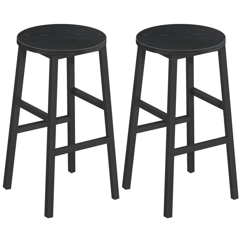 Bar Stools, Set of 2 Round Bar Chairs with Footrest, 24.4 Inch Kitchen Breakfast Bar Stools, Industrial Bar Stools - Black