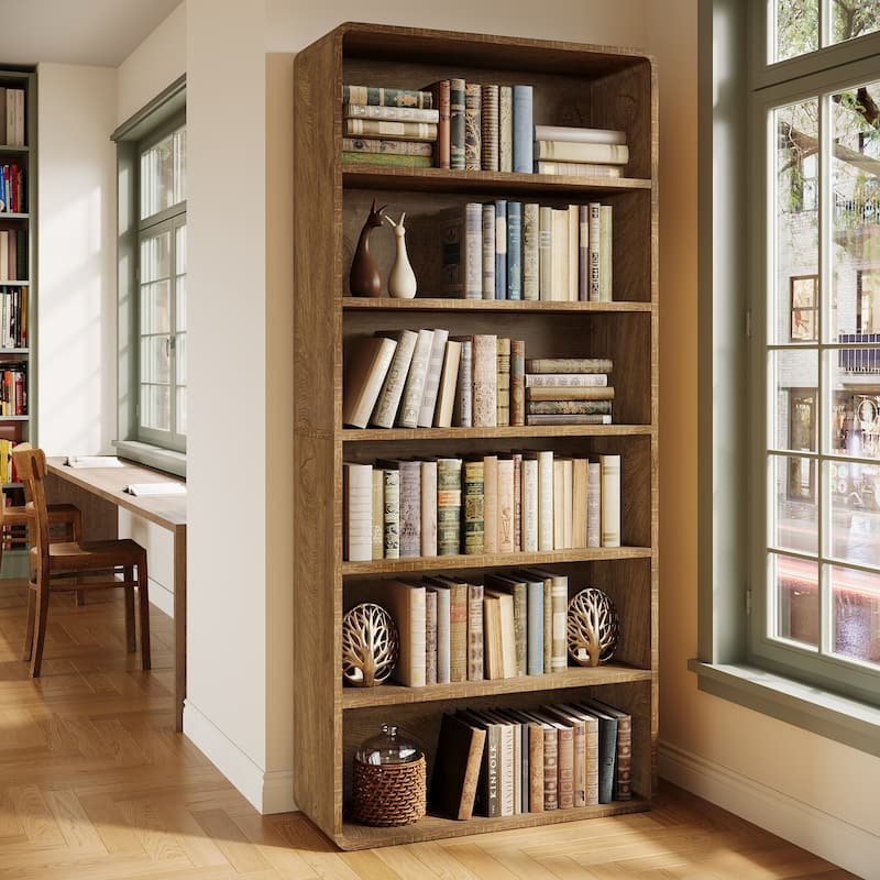 71-Inch Tall Bookcase 6-Tier Wooden Industrial Bookshelf with Storage