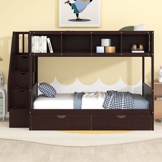 Versatility Twin over Full Bunk Bed Wooden Storage Bed with Storage Staircase and 2 Drawers, Shelfs