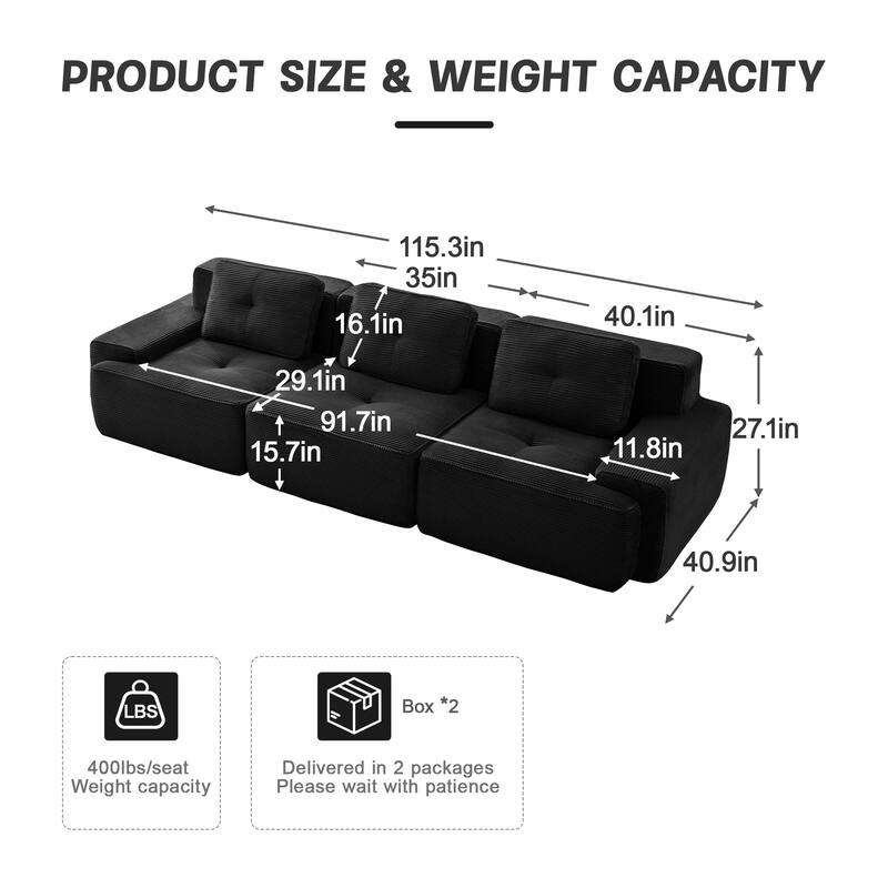 Roomfitters No Assembly Modular Sofa, 117 Inch Corduroy 3-Seater with Piping, Black
