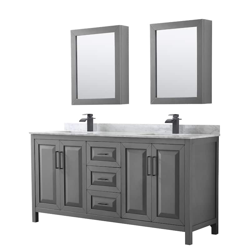 Daria 72-inch Double Vanity, Marble Top, Medicine Cabinets - Dark Gray, Black Trim, White Carrara Marble Top