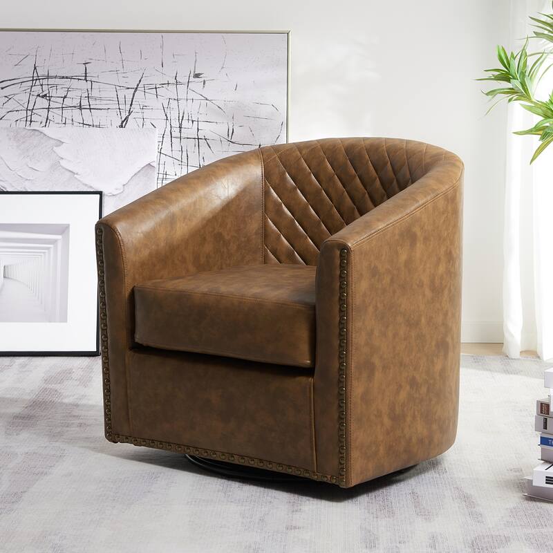 KINWELL 29" Wide Tufted PU Leather Swivel Barrel Chair
