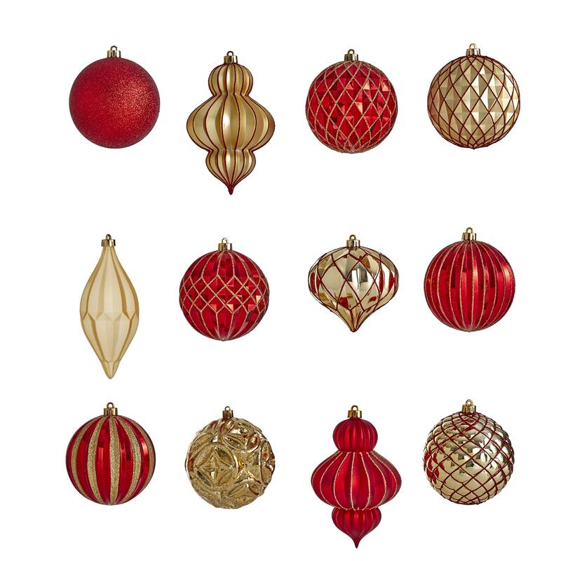 12ct Red and Gold Shatterproof 3-Finish Christmas Ornament 4" (100mm)