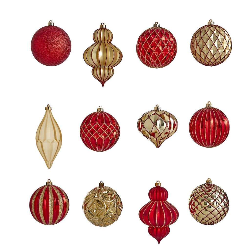 12ct Red and Gold Shatterproof 3-Finish Christmas Ornament 4" (100mm)
