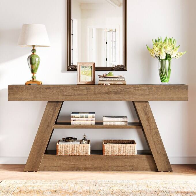 63-Inch Console Table, Wooden Entryway Table with Storage Shelves