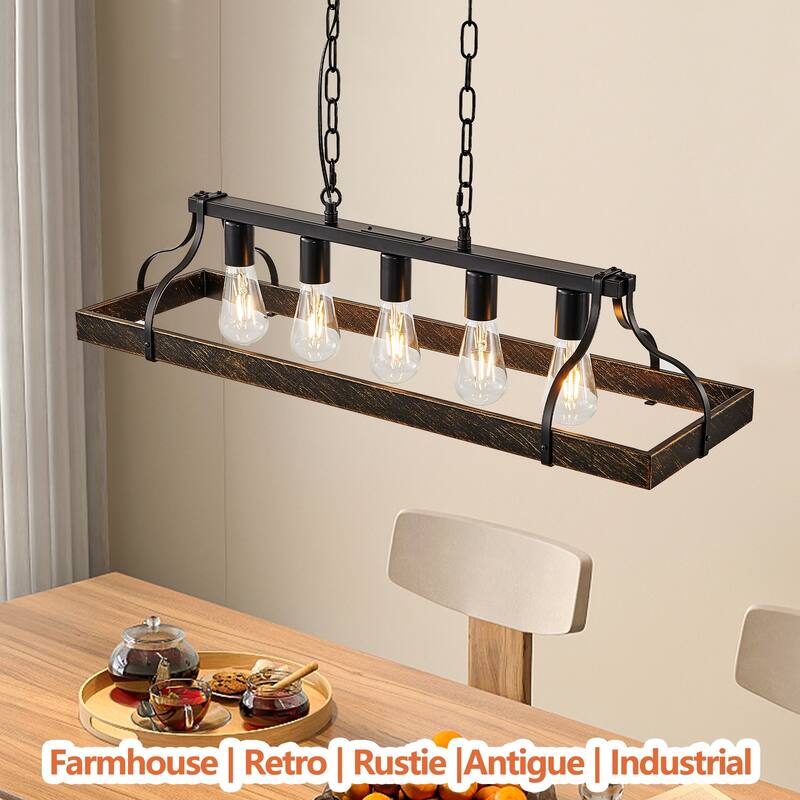 34" Linear Industrial Pendant Light – 5-Bulb Adjustable Farmhouse Chandelier for Kitchen Islands (Bulbs Not Included)‌