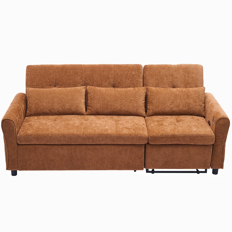82" 2-in-1 Orange Chenille Three-seater Sofa with Sofa Bed, Reversible Recliner & USB Ports