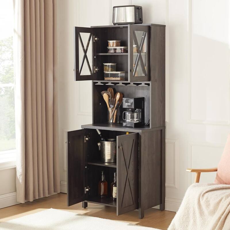 Roomfitters Farmhouse Wine Cabinet, Kitchen Hutch Buffet, Liquor Cabinet for Liquor and Glasses Rack, Charcoal Grey - N/A