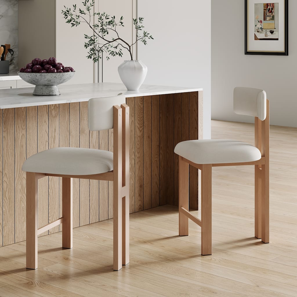 26.5" Stylish Round Stools with Low Back - Upholstered Seat & Natural wood color Metal Frame for Kitchen & Dining