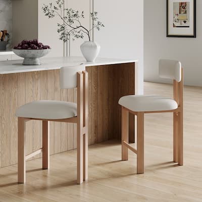 26.5'' Stylish Round Stools with Low Back - Comfortable Upholstered Seat & Natural wood color Metal Frame for Kitchen & Dining