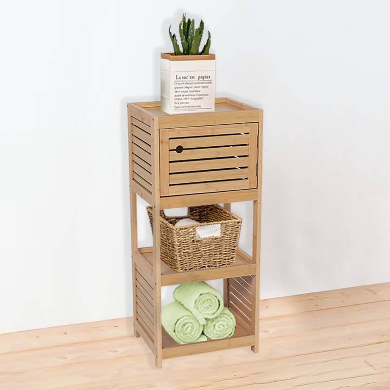 Compact Bathroom Storage Cabinet with Open Shelves and Vented Door, Natural - Trinidad Collection - 24.8"L x 9"W x 70.5"H