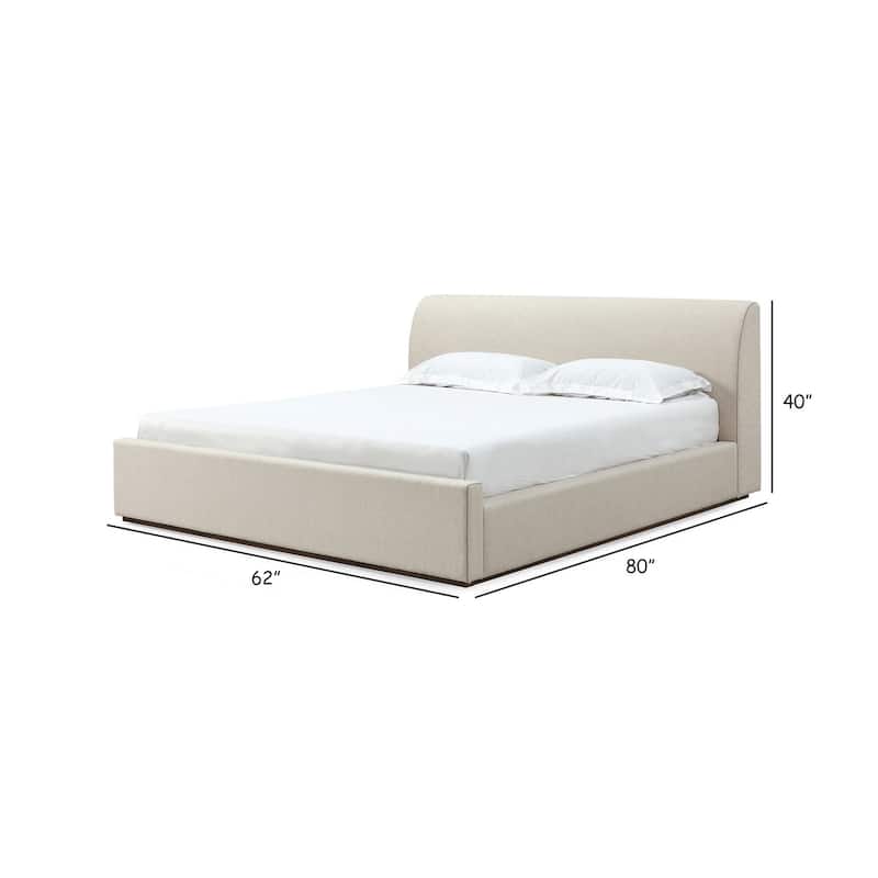 Reza Full Size Platform Bed, Sleigh Headboard, Low Profile, Beige Linen
