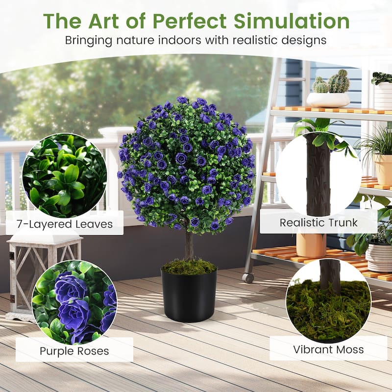 22" Artificial Rose Topiary Ball Tree in Pot Faux Purple Plant Decor for Indoor or Outdoor Use - 22-Inch