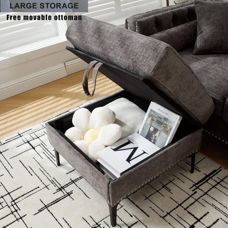 85'' L-Shaped 4 Seater Sectional Sofa with Convertible Storage Ottoman, Pillows, Solid Wood Frame, Modern Tufted Design