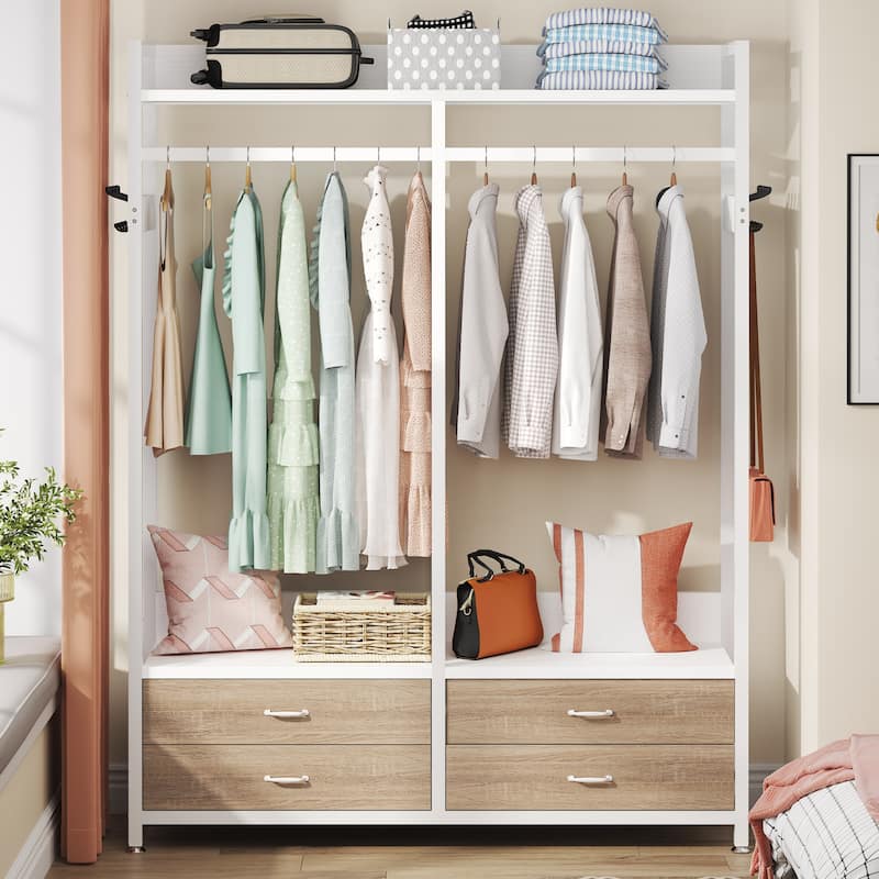 Freestanding Closet Organizer, Clothing Rack with 4 Drawers, 8 Hooks and Storage Shelves - Grey