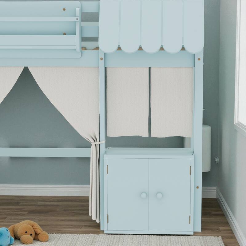 Twin/Full Loft Bed with Bookshelf, Curtain Playhouse, Storage Shelf, Cottage Roof Design and Safety Guardrails for Kids
