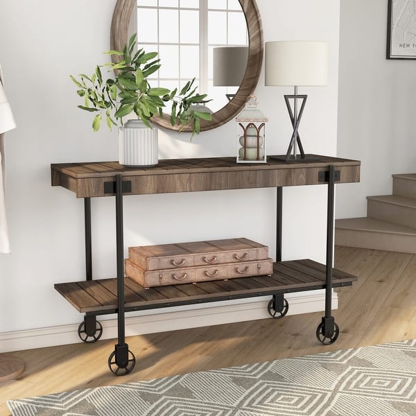 slide 2 of 27, Hyssop Farmhouse 47-inch Metal 1-Shelf Console Table by Furniture of America Dark Walnut
