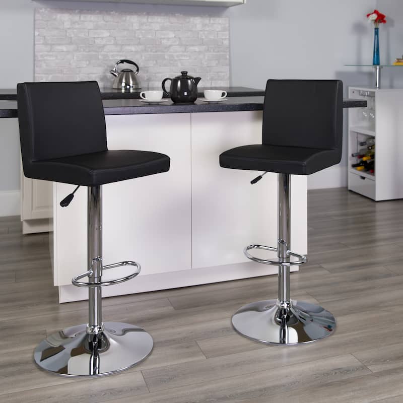2 Pack Contemporary Adjustable Height Barstool with Panel Back and Chrome Base - Black
