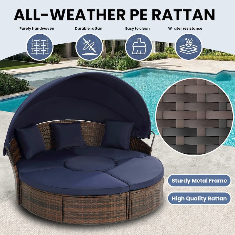 4 Piece Patio Round Rattan Daybed w/Adjustable Sun Canopy, Outdoor Sofa Bed with lift coffee table