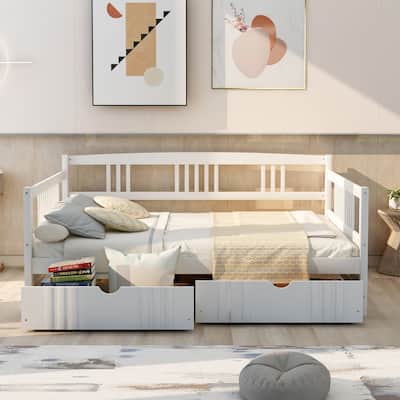Full Size Daybed Frame with Storage Drawers, Wood Full Bed with 2 Drawers, Full Sofa Bed for Living Room, Bedroom