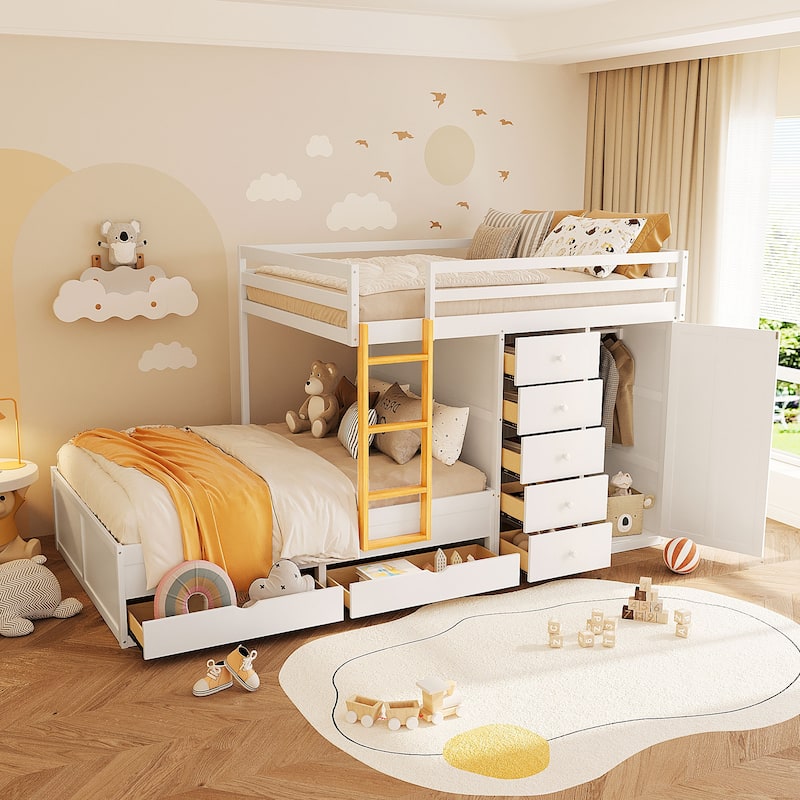 Kids Bed Frame Full Over Full Bunk Bed with Drawers and Wardrobe