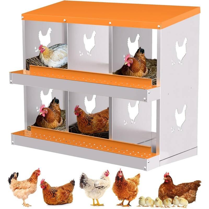 6 Compartment Metal Chicken Nesting Box, Laying Box for Hens Ducks Rabbits, Orange - Orange without Legs