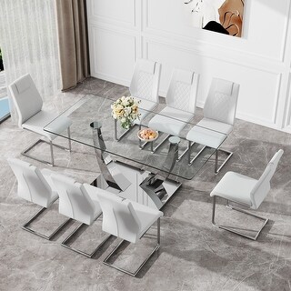 Rectangular 9-Piece Dining Table Set with Clear Tempered Glass Top & 8 ...