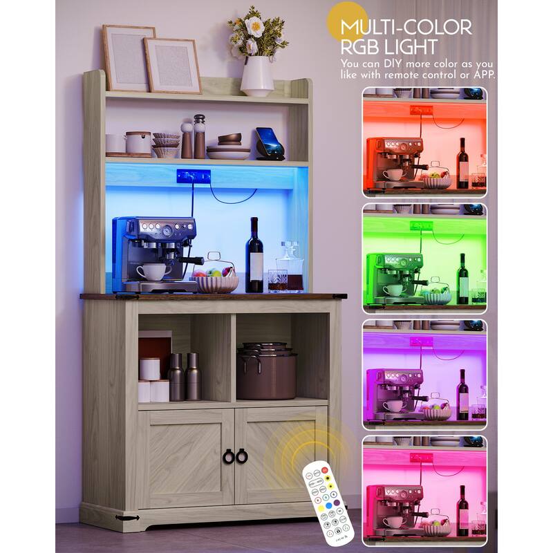 Moasis Farmhouse Kitchen Pantry Storage Cabinet Cupboard with Power Outlet, Microwave Stand and Adjustable Shelves