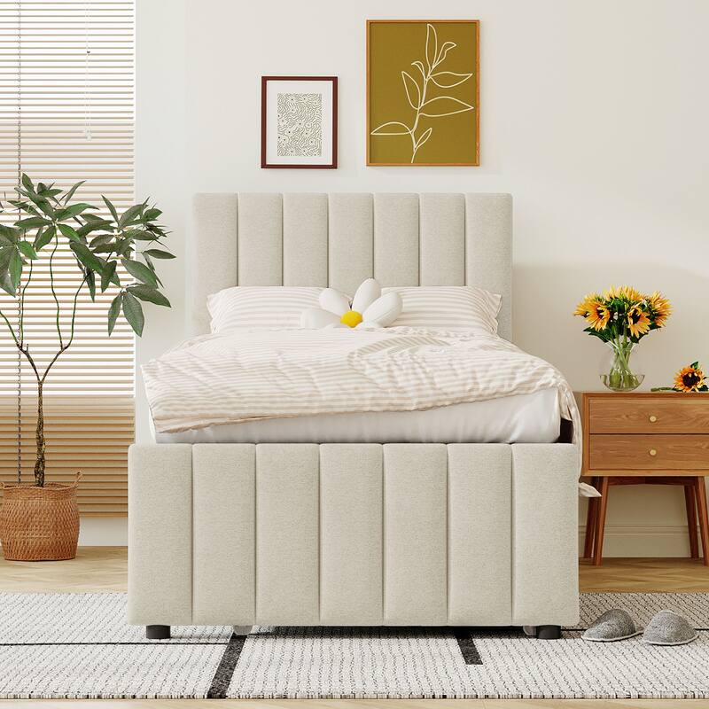 Upholstered Platform Bed Captain Bed with Trundle and 3 Drawers, Vertical Striped Linen Headboard and Footboard Slats Support