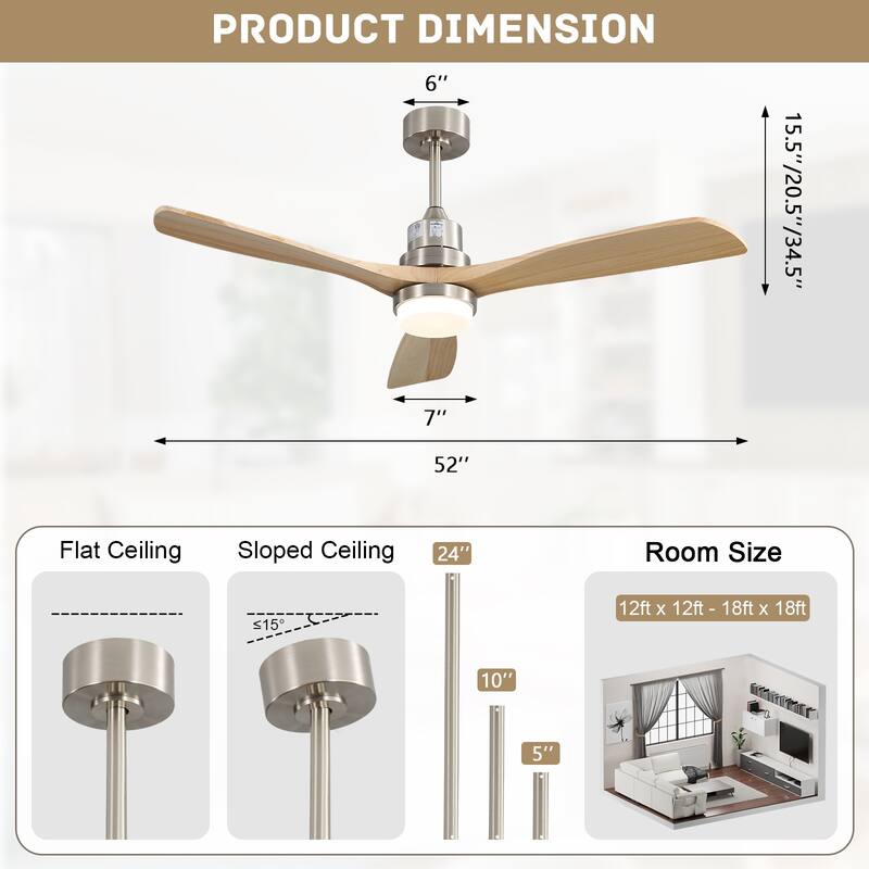 Sofucor 52 Inch Ceiling Fan with Light and Remote,Smart Optional,Quiet DC Motor for Bedroom Living Room Farmhouse Patio Porch