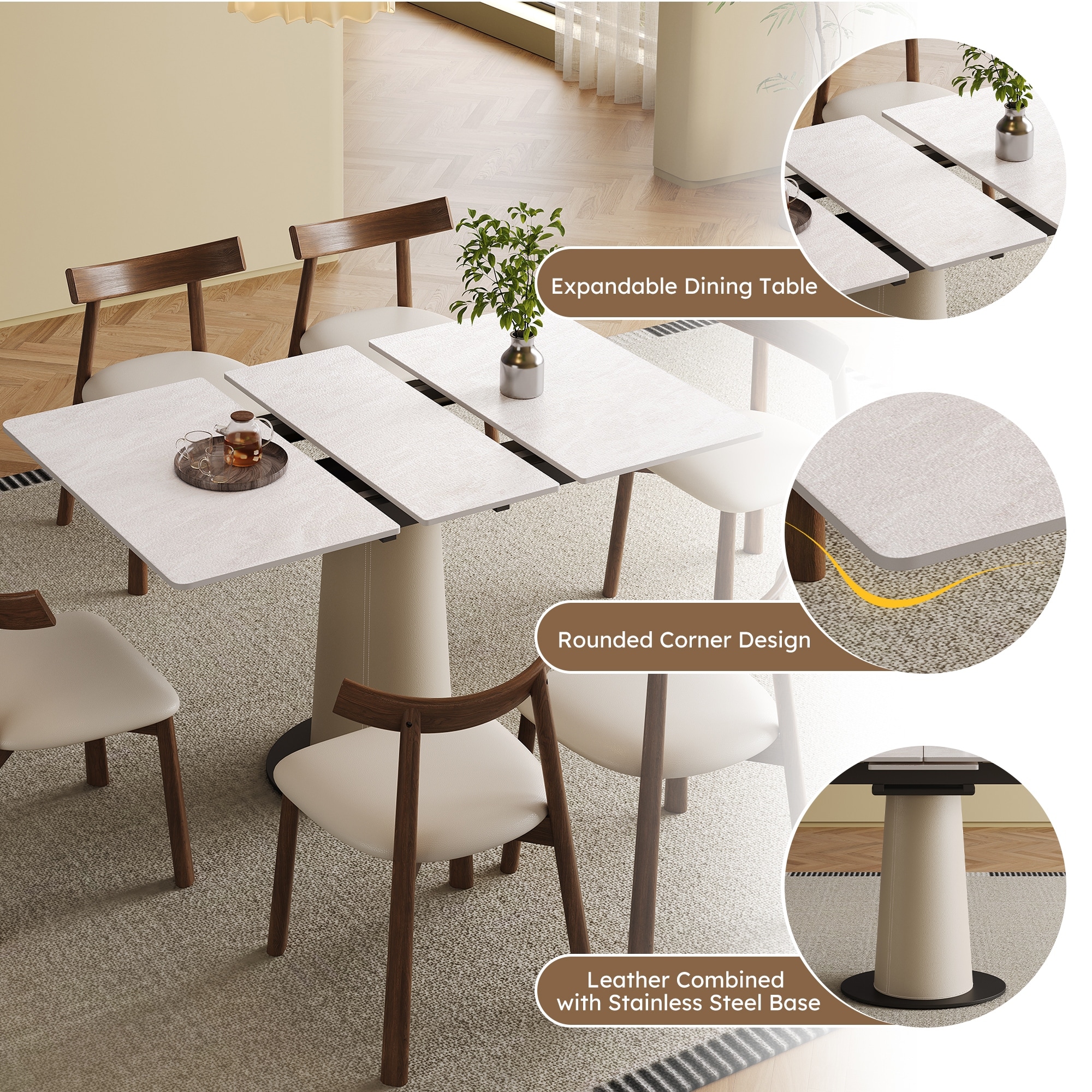 Roomfitters Retractable Rock Slab Dining Table Set, Modern Expandable Square Table with 6 Chairs, White