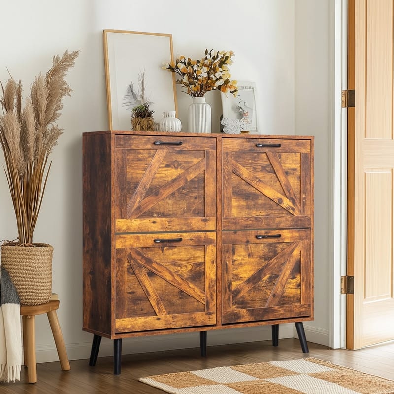 Barn Door 4 Flip Black Handles Melamine Particleboard Shoe Cabinet 41.7In - Brown - 4 Drawers