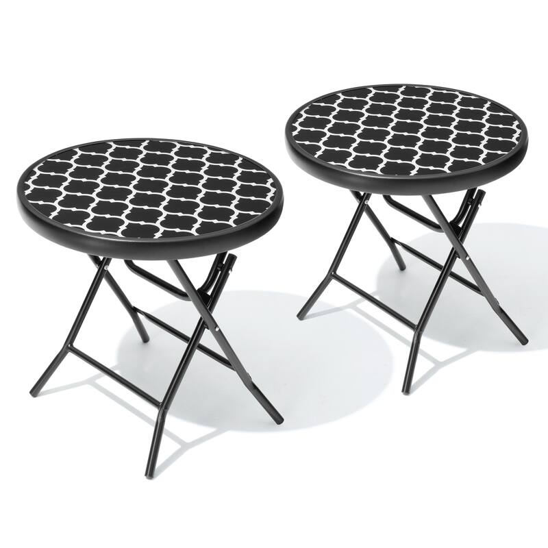 Outdoor Patio Folding Round Table Tempered Glass Top - Black&White - 2PC