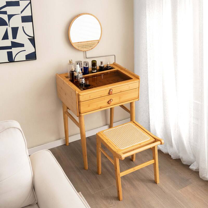 Costway Bamboo Vanity Stool Rattan Top Ottoman Footrest for Living