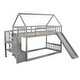 preview thumbnail 8 of 25, Wooden Modern Twin over Twin House Bunk Bed with Slide and Storage Staircase, Featuring a pitched roof and wall section.
