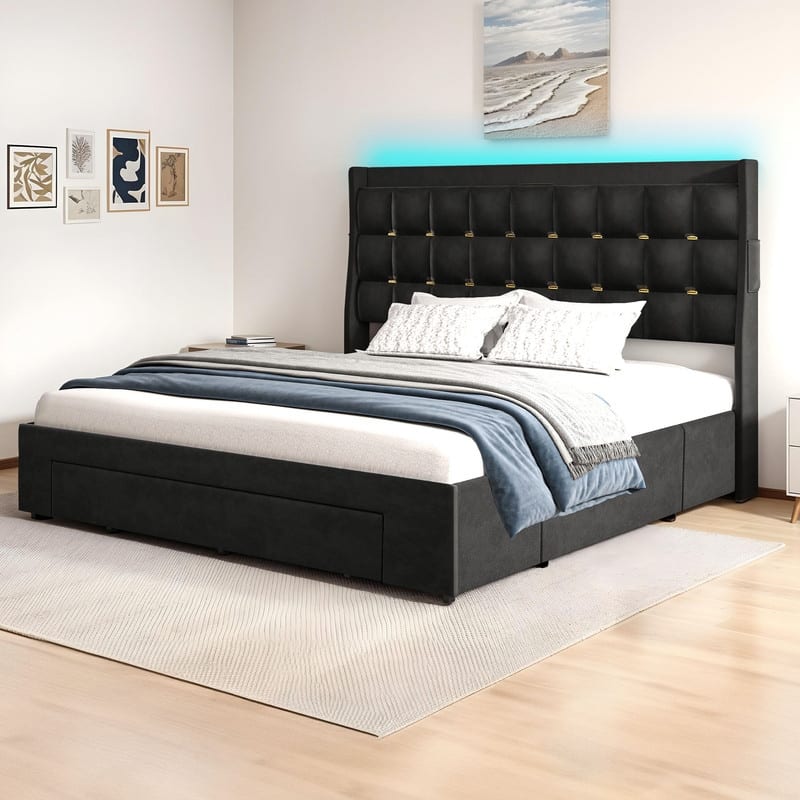 Moasis King Size Velvet Platform Bed with 4 Drawers,Bed Frames with RGB Light & Built-in Charging Station