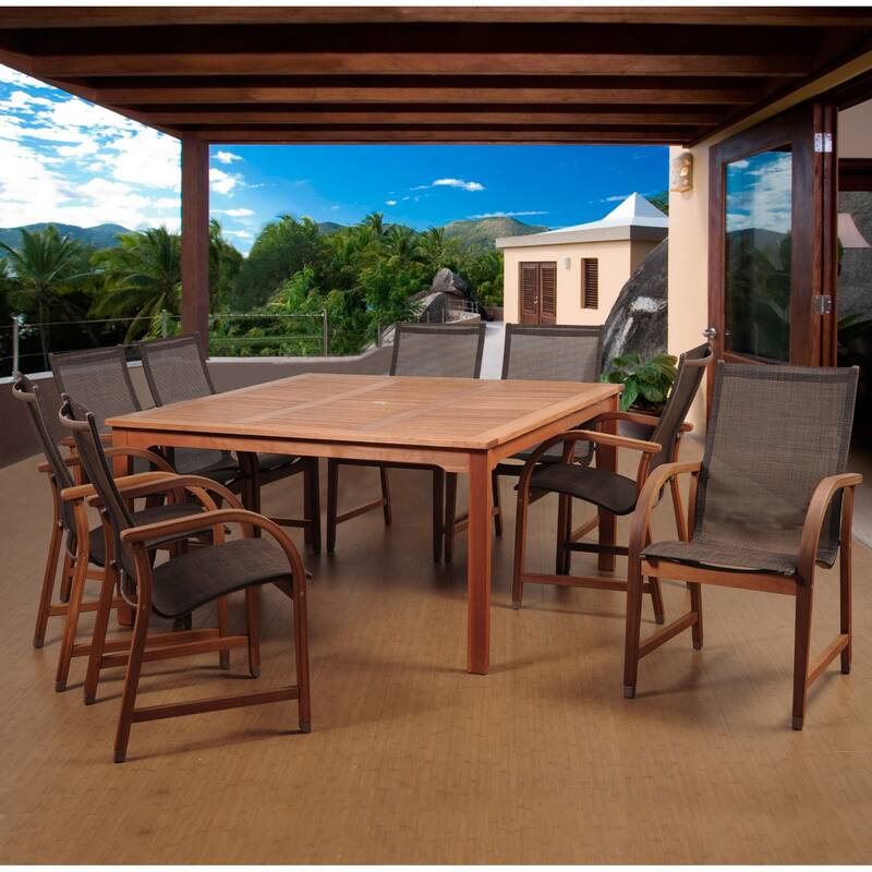 9-Piece Bahamas Eucalyptus Square Outdoor Patio Dining Set with Sling Chairs 58"
