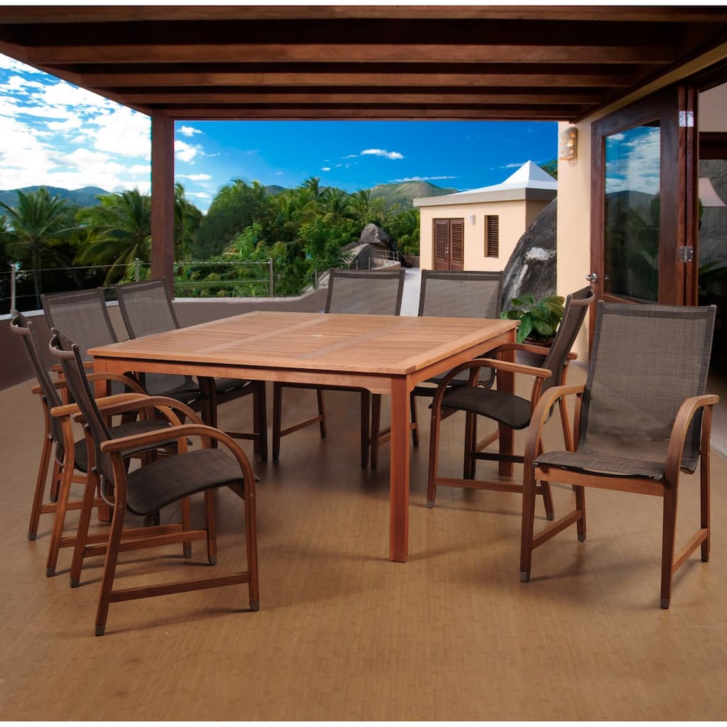 9-Piece Bahamas Eucalyptus Square Outdoor Patio Dining Set with Sling Chairs 58"