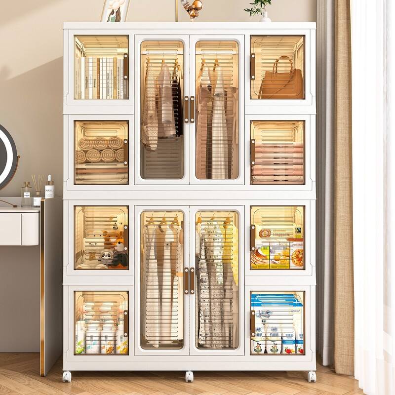Portable Wardrobe Closet with Magnetic Doors, 12 Cubes & Hanging Rods, 16 Hangers Included - White