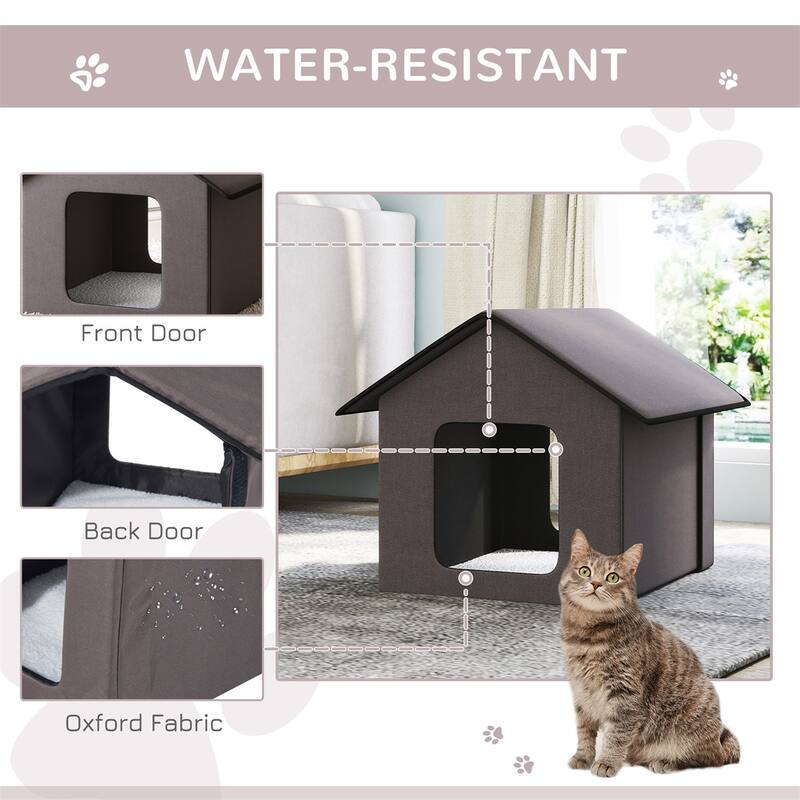 Heated Cat House with Berber Fleece Pad Foldable Outdoor Indoor Shelter Brown Warm Cozy Cat Bed