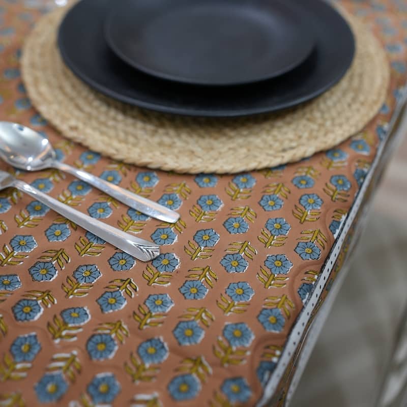 Fabdivine Handmade Block Print Cotton Brown Table Cover or Cloth Dining, Farmhouse & Kitchen Décor