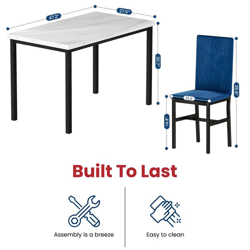 5 Piece Dining Table Set for 4, Kitchen Faux Marble Table Set with Velvet Chairs for Small Spaces, Breakfast Nook, Living Room