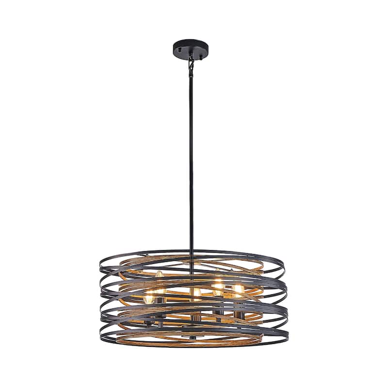 20" Rustic Industrial Pendant Light, 5-Light Black and Walnut Metal Cage Chandelier with Wood Accents (No Bulbs)