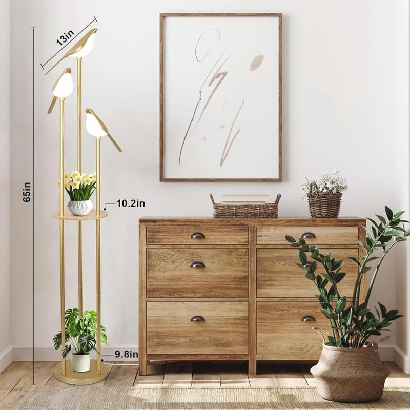 Gold Modern Floor Lamp with Shelves - Mid-Century Standing Lamp with 3 Adjustable LED Bird Lights