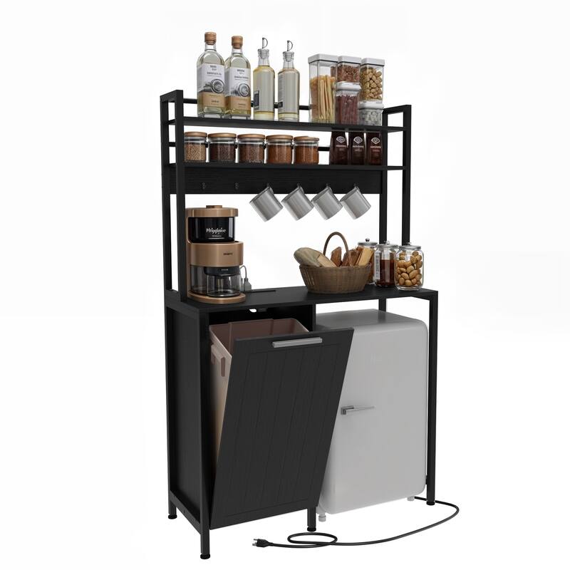 Kitchen Baker's Rack with Mini Fridge Space Trash Can Cabinet and Charger Station for Dorm or Small Space Organization